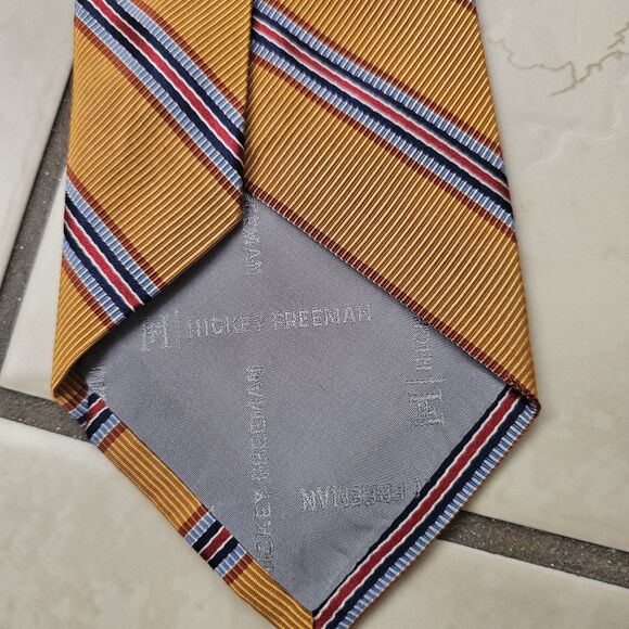 Hickey Freeman Made in USA Yellow Red Blue Repp Stripe Silk And Cotton Tie Woven - Picture 7 of 9